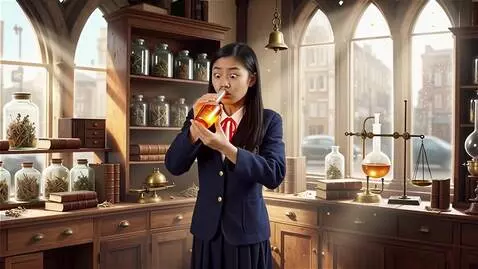 AI Video from prompt: Female student drinks a potion and suddenly she 