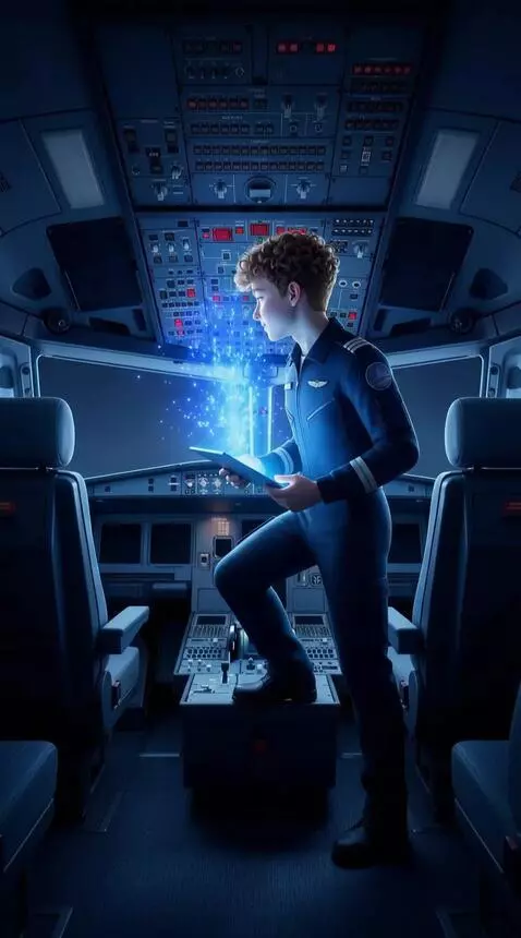 AI Video from prompt: Suddenly, the entire cockpit powers on—hundreds 