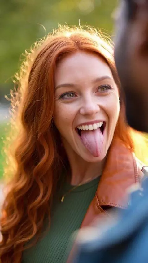 AI Video from prompt: the girl sticks out her tongue, thick saliva slo