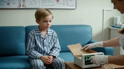 AI Video from prompt: A boy in pajamas on a couch in front of nurses w