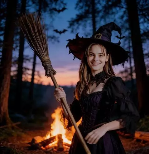 AI Video from prompt: the girl in the hat takes a broom in one hand an