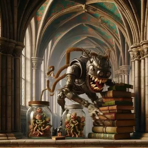 AI Video from prompt: The robot marches toward the books. The robot gr
