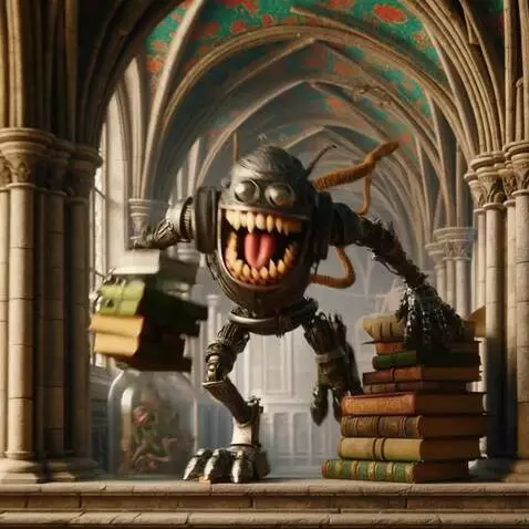 AI Video from prompt: The robot marches toward the books. The robot st