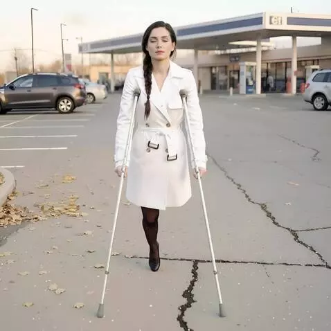 AI Video from prompt: A very beautiful one-legged woman is walking tow