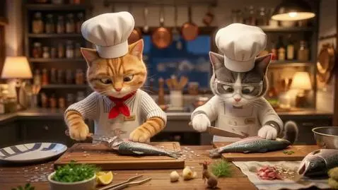 AI Video from prompt: "A cinematic close-up of two chef cats cooking i