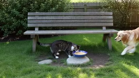 AI Video from prompt: Cat and dog running for food for their children