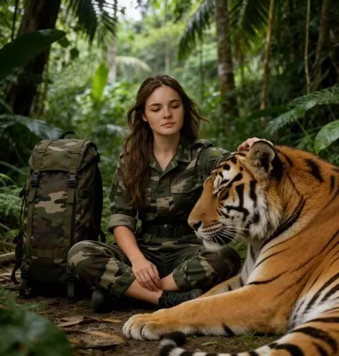 AI Video from prompt: the girl puts her hand on the tiger,s head and s