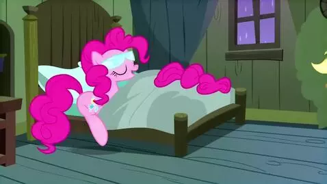 AI Video from prompt: Pinkie Pie gets up and gets out of the bed befor