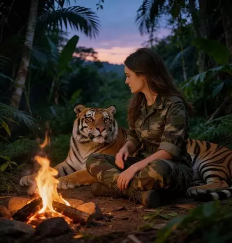AI Video from prompt: the tiger raises its head and looks at the girl.
