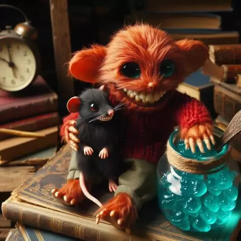 AI Video from prompt: The orange rat reaches and takes a turquoise gum