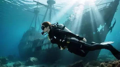 AI Video from prompt: Underwater shot: Lara Croft in black diving suit
