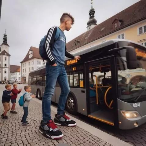 AI Video from prompt: the tallest boy stands in front of the bus and s