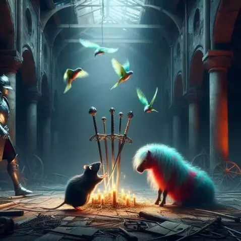 AI Video from prompt: The pony and rat stand and walk slowly around th