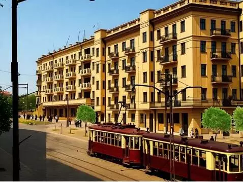AI Video from prompt: An old tram travels through the city