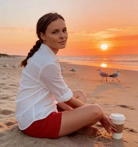 AI Video from prompt: the girl takes a glass of coffee and raises it a
