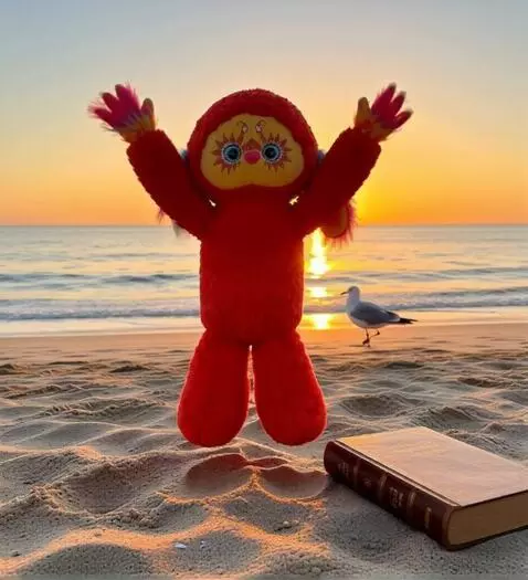 AI Video from prompt: jumps in place and waves its arms a little. in t