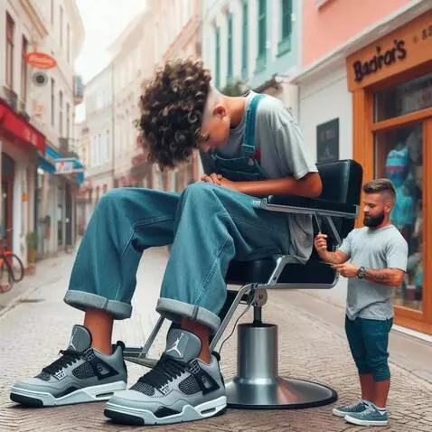 AI Video from prompt: the tallest boy bends down so the barber can cut