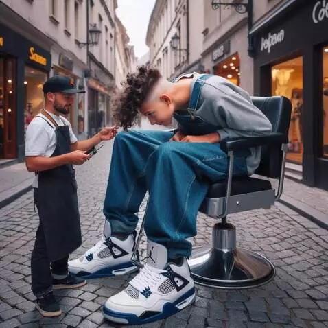 AI Video from prompt: the tallest boy bends down so the barber can cut
