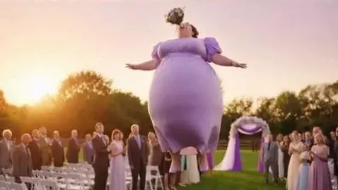 AI Video from prompt: Slow-motion shot of an outdoor 1990s wedding. A 