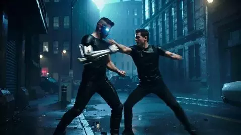 AI Video from prompt: Cinematic cyberpunk action scene at night. A man