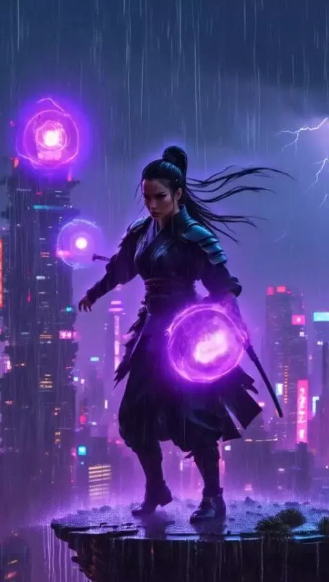AI Video from prompt: mythic cyberpunk sorceress vs mech-enhanced roni