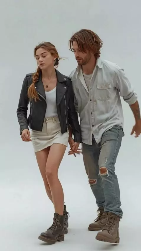 AI Video from prompt: A man and a woman jump off a cliff, holding hand