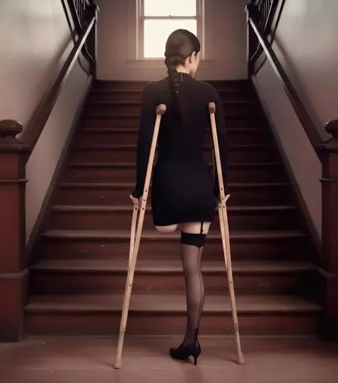 AI Video from prompt: A very beautiful one-legged woman on crutches tu