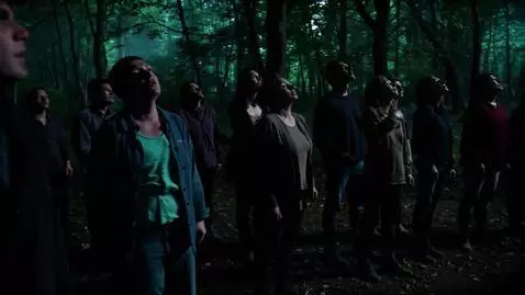 AI Video from prompt: Ten people standing silently looking up at stran