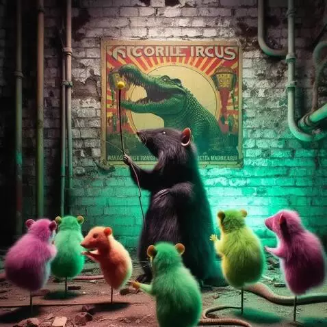 AI Video from prompt: The big gray rat slowly waves the wand. The litt