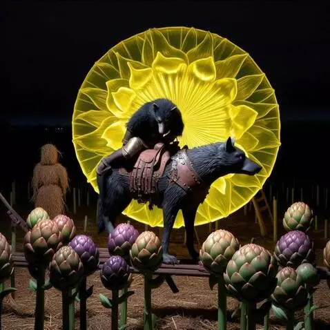 AI Video from prompt: the yellow disk rotates slowly. the wolf walks f