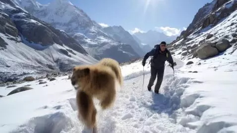 AI Video from prompt: A man hiking in the Himalayas is being chased by