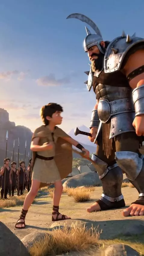 AI Video from prompt: Full Kids Movie Script: David and Goliath  A Fam
