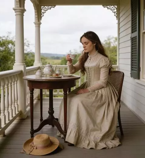 AI Video from prompt: the girl takes a cup of tea and brings it to her