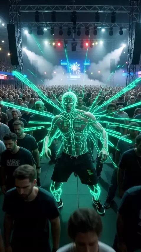 AI Video from prompt: Futuristic drum and bass festival at night, larg