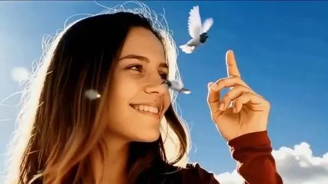 AI Video from prompt: A giant young woman smiles at two tiny doves fly