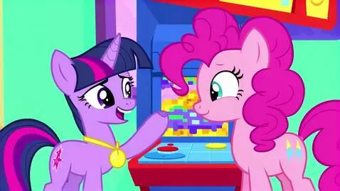 AI Video from prompt: Twilight Sparkle and Pinkie Pie playing Pac-Man 