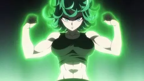 AI Video from prompt: Tatsumaki, very muscular, very big abs, green ou
