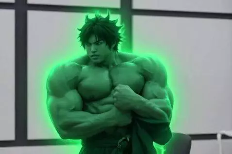 AI Video from prompt: Tatsumaki, very muscular, very big abs, green ou