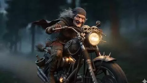 AI Video from prompt: Make a video of Baba Yaga riding a motorcycle