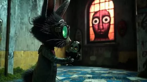 AI Video from prompt: rabbit walks to the window and holds the doll up
