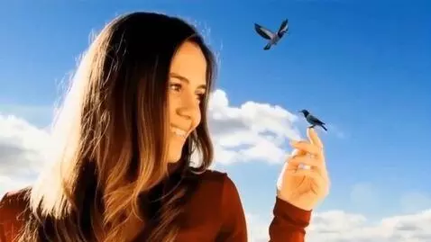 AI Video from prompt: A giant young woman smiles at two tiny doves fly