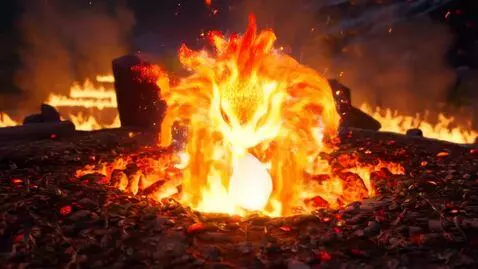 AI Video from prompt: Realistic hyper detailed flame ball creature fli