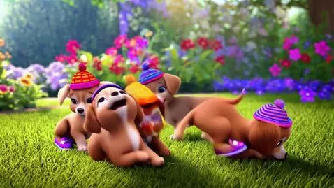 AI Video from prompt: Tiny adorable puppies wearing shoes and hats hav