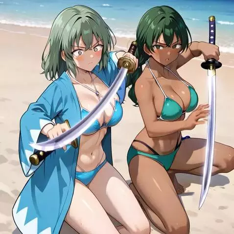 AI Video from prompt: The two women moves their japanese katana swords