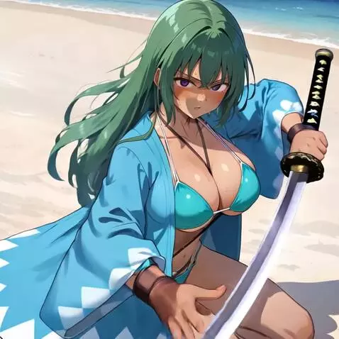 AI Video from prompt: She moves the japanese katana sword held in her 
