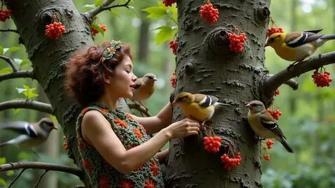 AI Video from prompt: A dryad (a birch tree) feeds the birds with berr