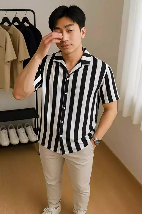 AI Video from prompt: A realistic young man in a striped shirt and bei