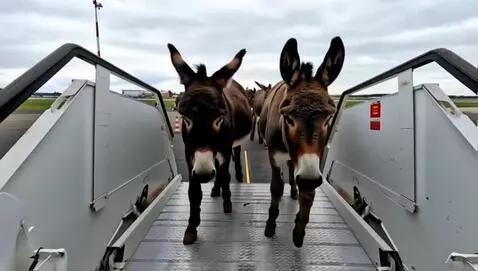 AI Video from prompt: A group of donkeys descend from the stairs of an