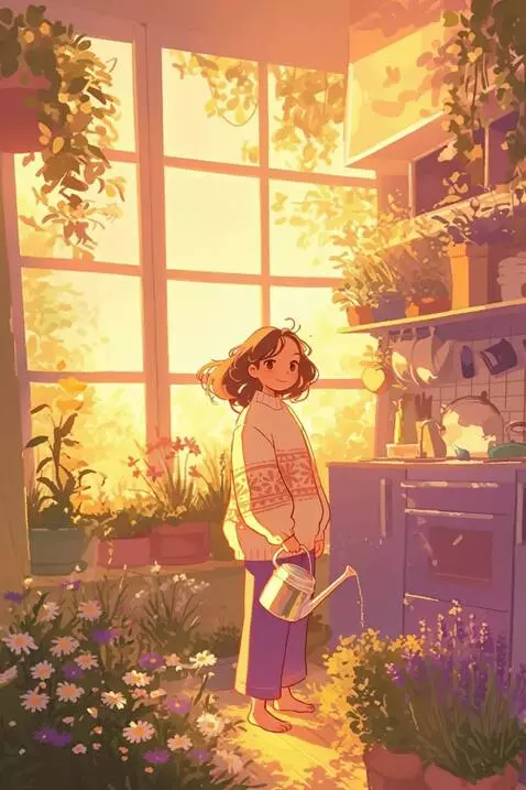 AI Video from prompt: The young lady is watering her plants, the sun s