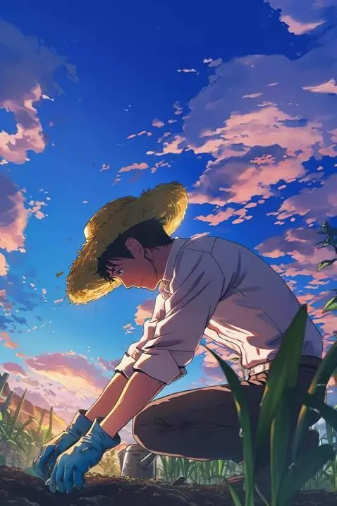 AI Video from prompt: Man camly plants his veggies, he takes of his ha